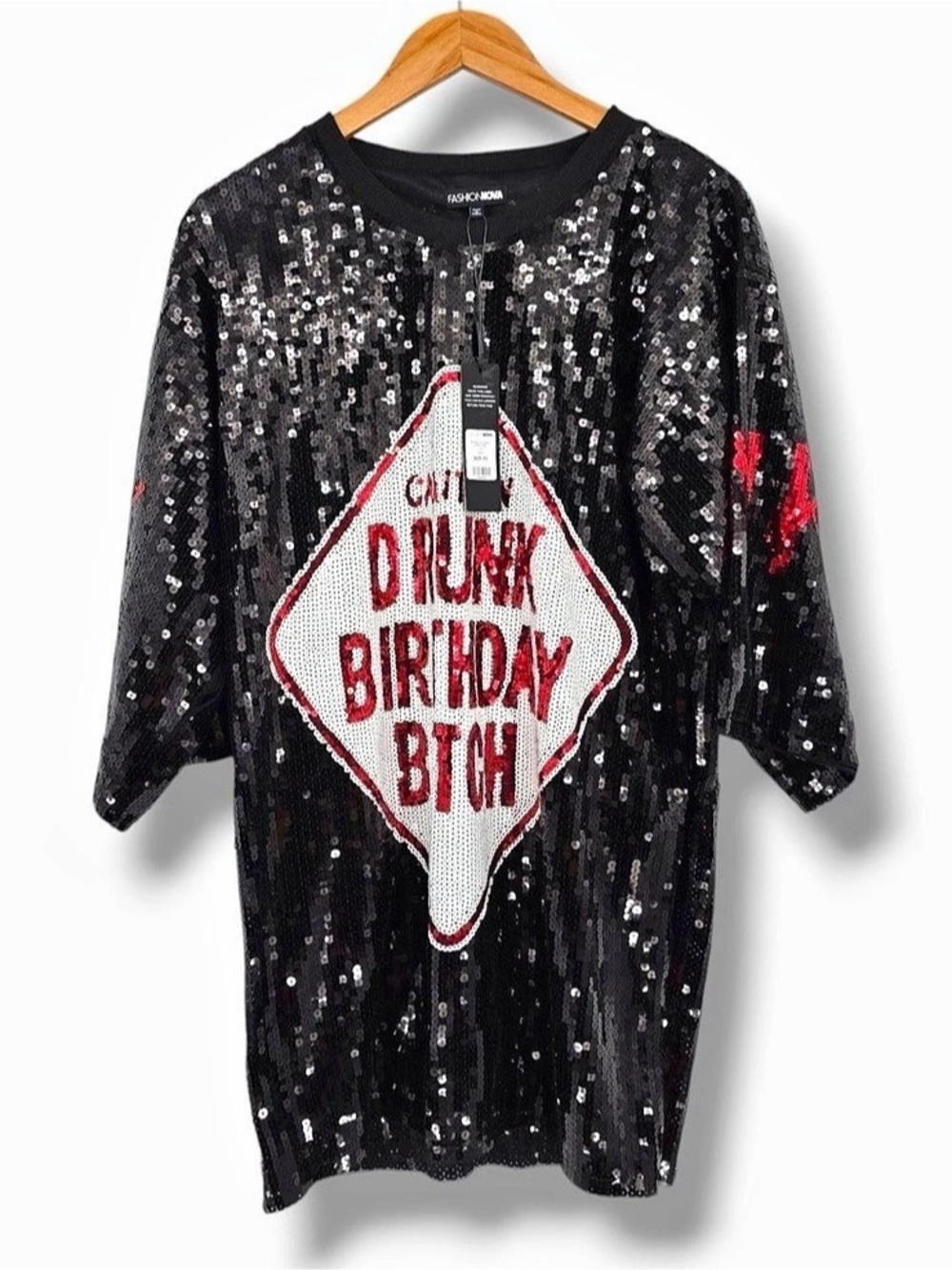 Fashion Nova Birthday Fun Sequin T-Shirt Dress Black & Red